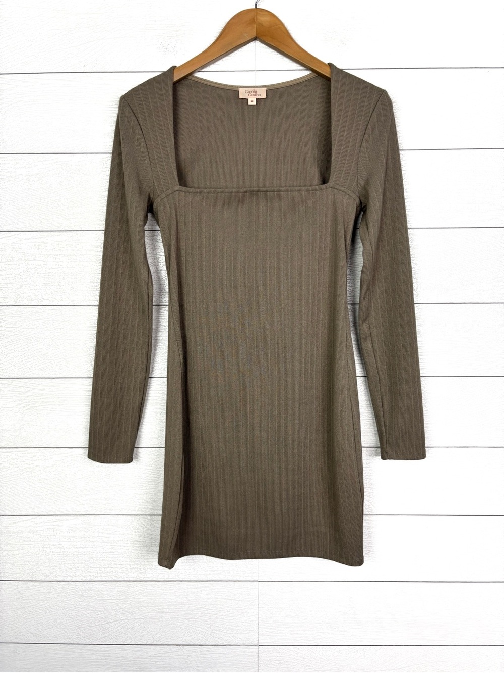 Camila Coelho Saddie Mini Dress Ribbed Square Neck Taupe Brown Medium Revolve
